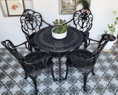 Döküm masa sandalye takım siyah renk güllü sandalyeli