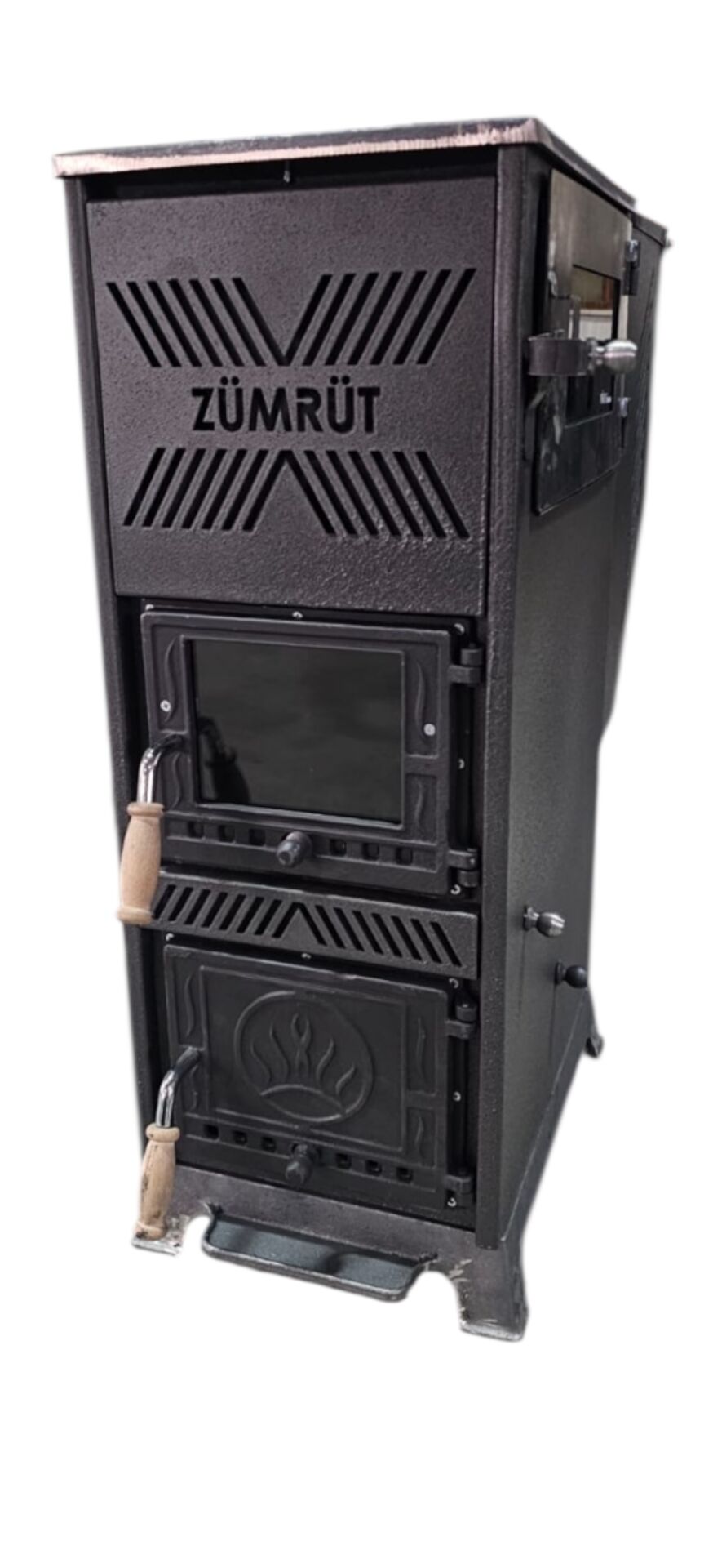 Pelet ve katı yakıt sobası yan fırınlı-Zümrüt